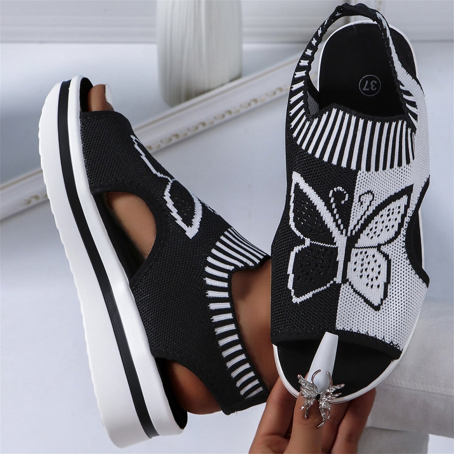 Norvail Woven Butterfly Cutout Toe Sandals ,Casual Breathable Butterfly Slip On Platform Sneaker Sandals, Thick Sole Peep Toe Summer Walking Casual Beach Sandals, Vacation Shoes for Women Summer