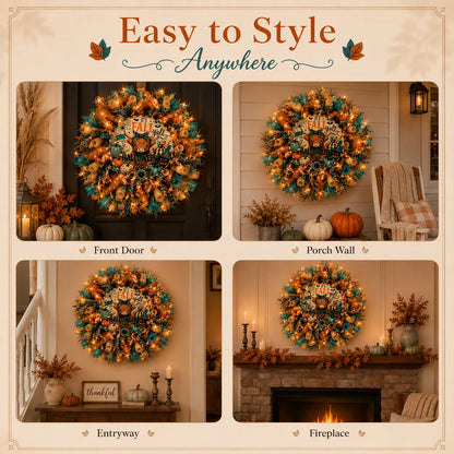 🍂Lighted Highland Cow Fall Halloween Wreath for Front Door