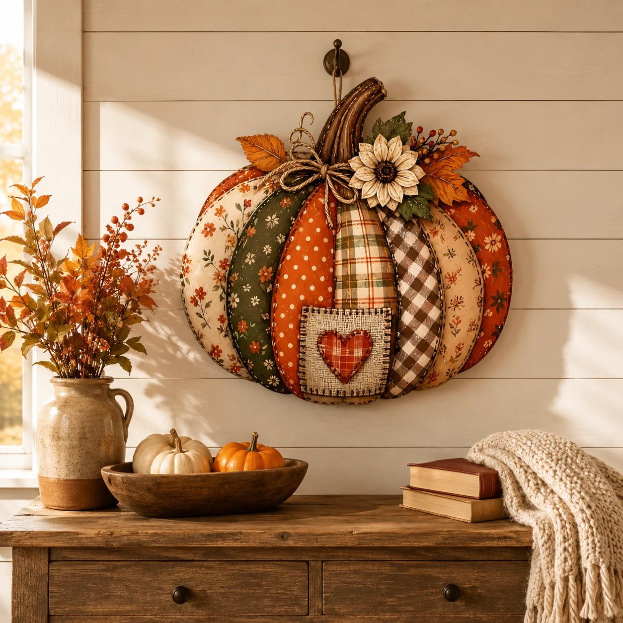 🍂🎃Autumn Retro Patchwork Pumpkin Door Hanging with Lights