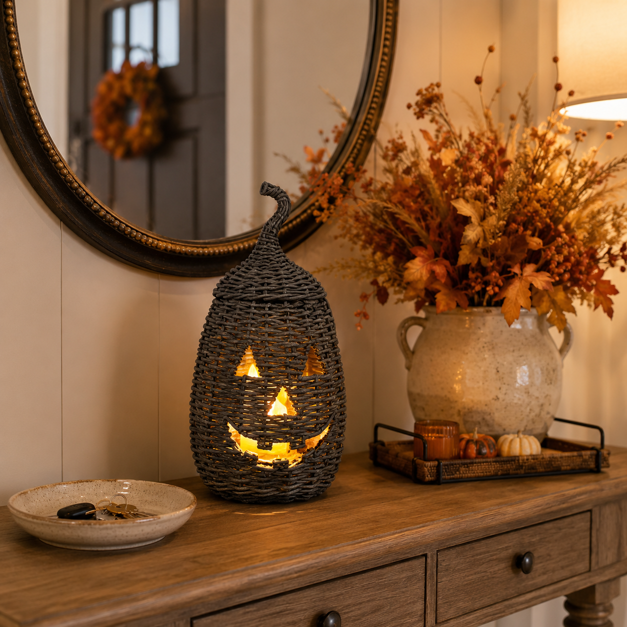 Rustic Wicker Pumpkin Candle Holder - Handwoven Jack-O’-Lantern Halloween Porch Decor