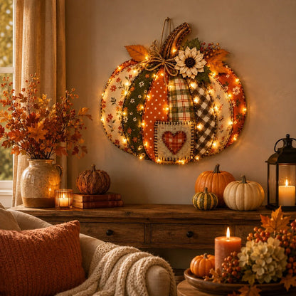 🍂🎃Autumn Retro Patchwork Pumpkin Door Hanging with Lights