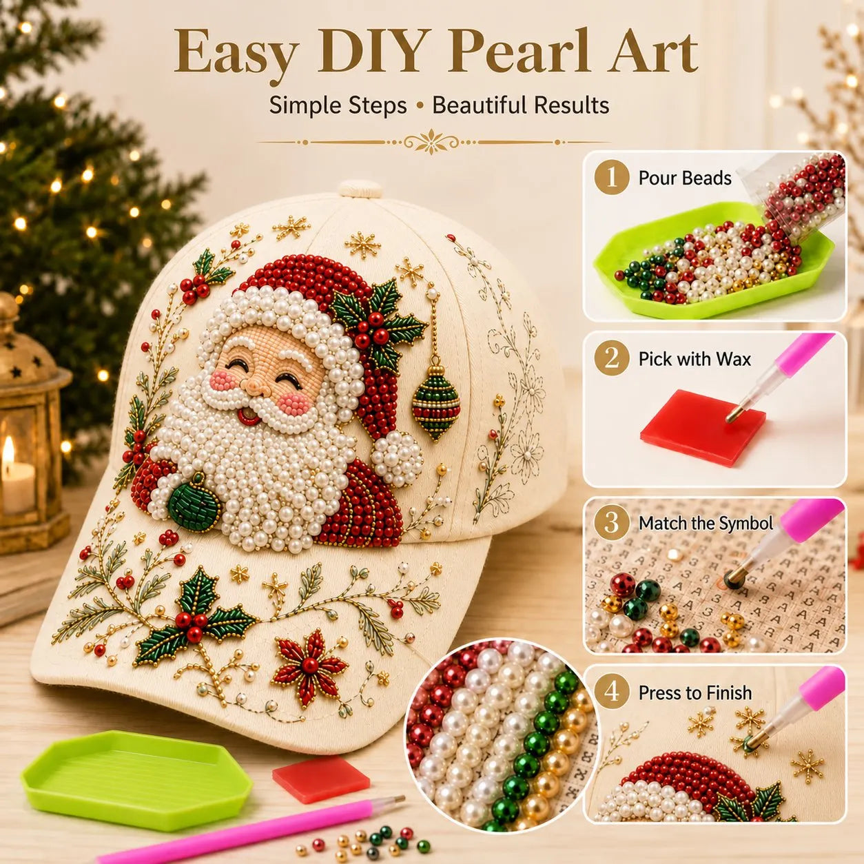 🎄🧢 Premium Christmas Beaded Hat DIY Kit | Luxury Flocked Canvas with Scratch-Resistant Non-Fading Pearl Beads DIY Handmade Holiday Cap Decor 🎅🪡✨