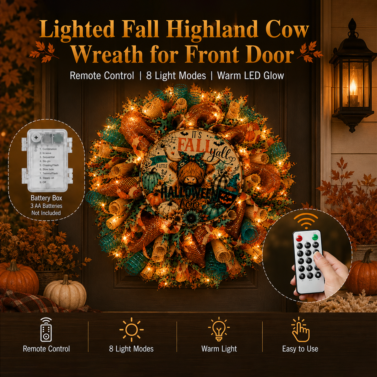🍂Lighted Highland Cow Fall Halloween Wreath for Front Door