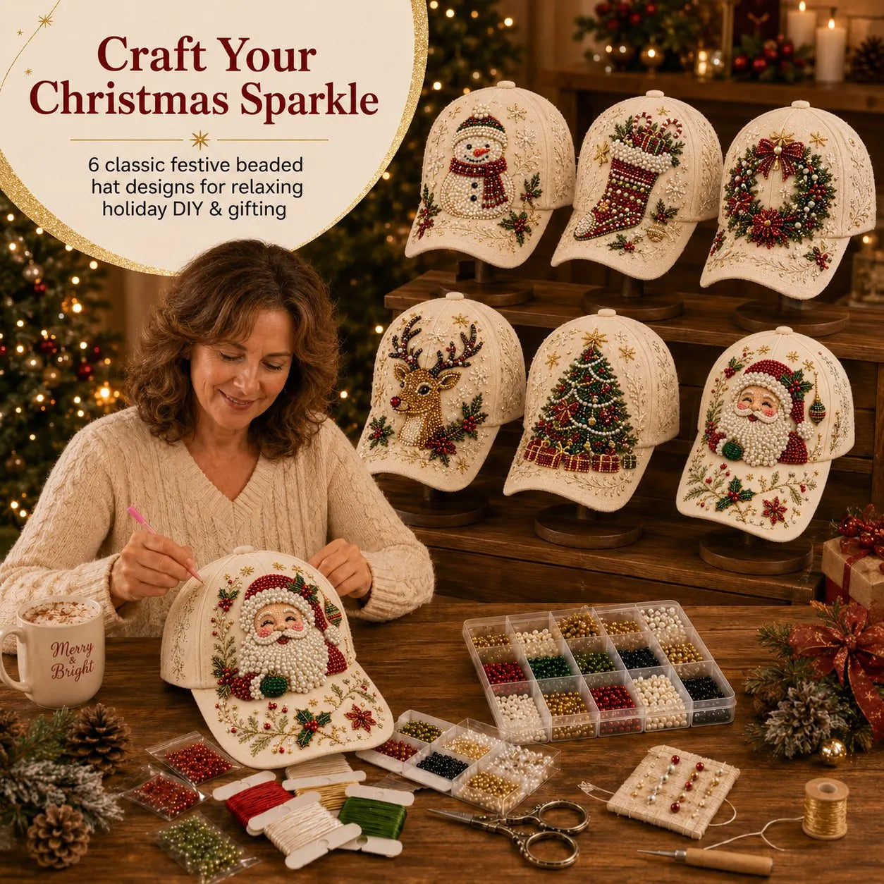 🎄🧢 Premium Christmas Beaded Hat DIY Kit | Luxury Flocked Canvas with Scratch-Resistant Non-Fading Pearl Beads DIY Handmade Holiday Cap Decor 🎅🪡✨
