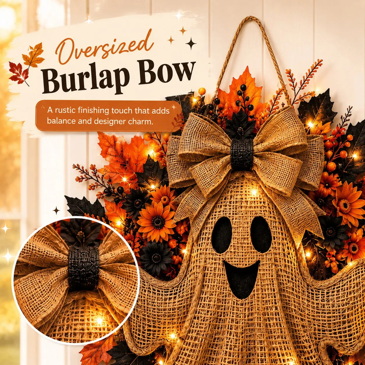 Lighted Halloween Ghost Wreath with Autumn Leaves