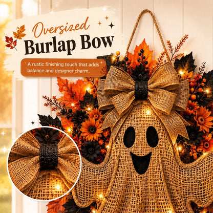 Lighted Halloween Ghost Wreath with Autumn Leaves