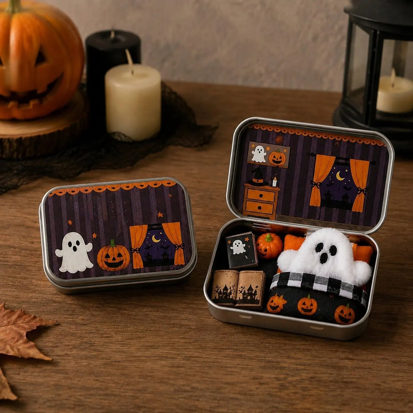 Halloween Mini Ghost Tin Box Set - Cute Spooky Halloween Travel Figurine