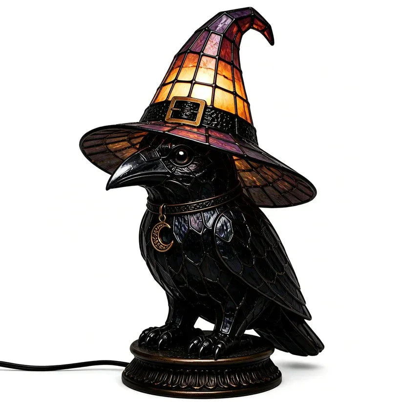 Gothic Stained Glass Witch Black Cat Table Lamp | Halloween Witch Hat Night Light Decor