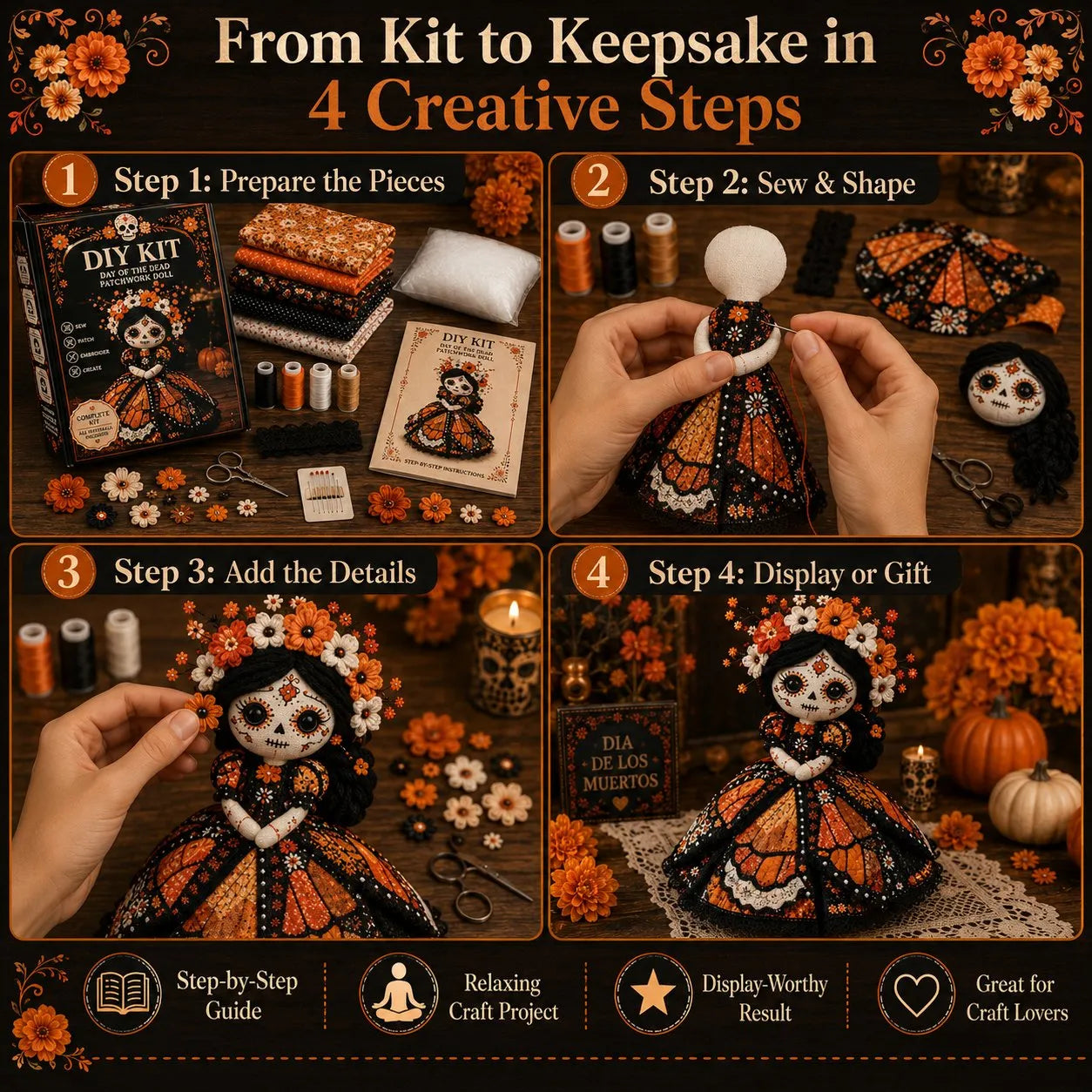 Day of the Dead Patchwork Doll DIY Kit | Handmade Fabric Craft with Floral Details