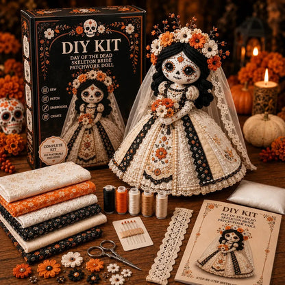 Day of the Dead Patchwork Doll DIY Kit | Handmade Fabric Craft with Floral Details