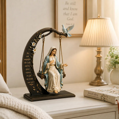 ✝️ Blessed Mary Cradle Swing Ornament – Luke 1:46–47 Faith Table Decor | Holy Virgin Prayer Sculpture with Dove & Crescent Arch Home Decoration