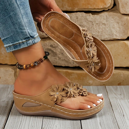 Comfy Rhinestone Flower Wedge Sandals with Arch Support (Slip-On)