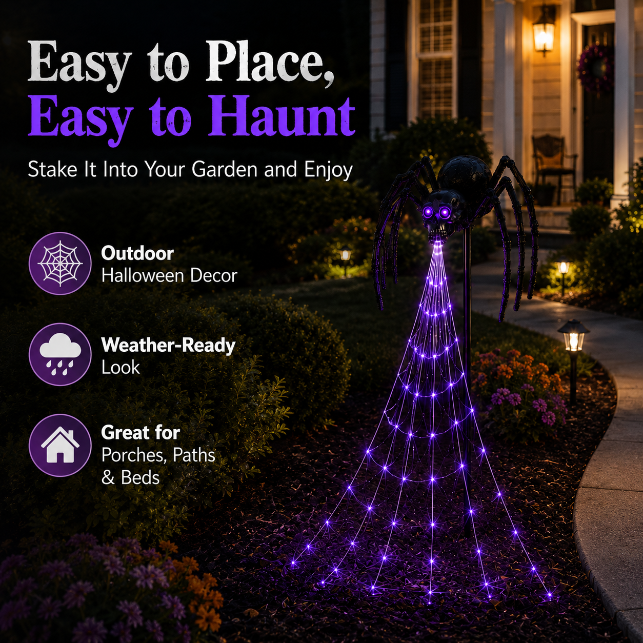 🕷️ Skull Spider Web Spinner Solar Garden Light