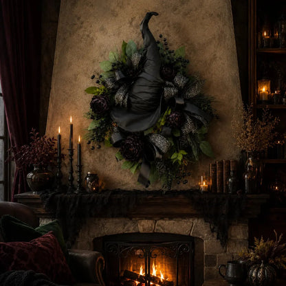 🧙Premium Gothic Black Rose Witch Hat Wreath – Haunting Elegant Halloween Front Door Statement Decor