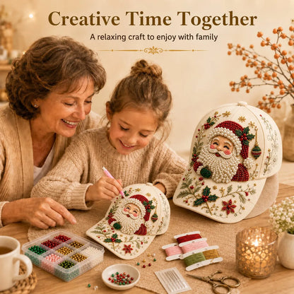 🎄🧢 Premium Christmas Beaded Hat DIY Kit | Luxury Flocked Canvas with Scratch-Resistant Non-Fading Pearl Beads DIY Handmade Holiday Cap Decor 🎅🪡✨