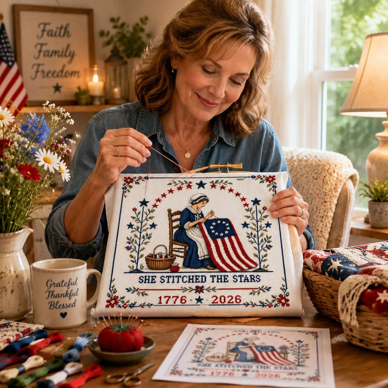 🔥us 250th Anniversary 49% OFF - 🪡 She Stitched The Stars Commemorative Cross Stitch Kit