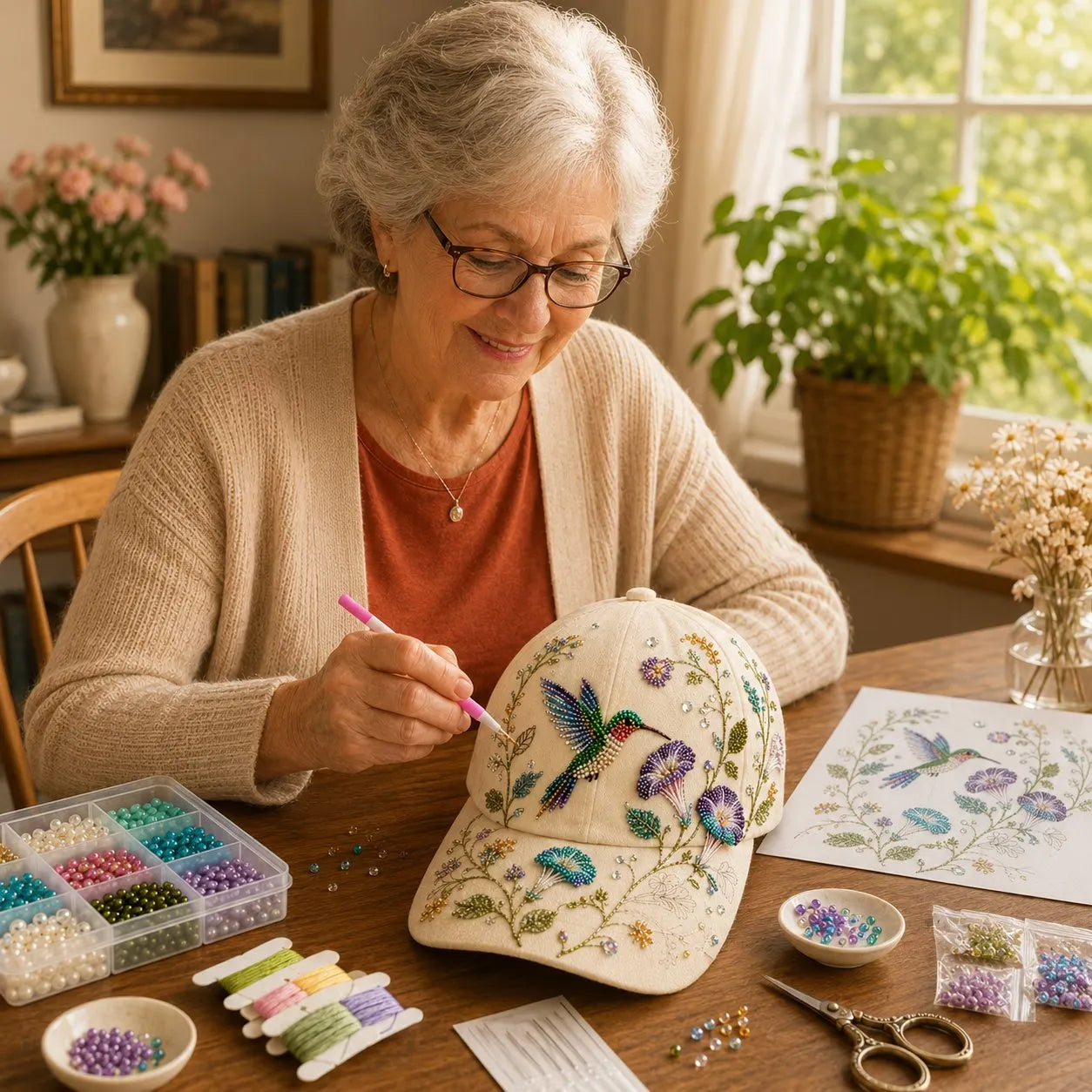 🐦🌸 Premium Hummingbird Garden Beaded Hat DIY Kit | DIY Handmade Floral Cap Decor 🌿🪡✨
