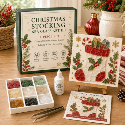 🎄DIY Christmas Sea Glass Art Kit | All-Inclusive Mosaic Set with Sea Glass, Adhesive, Sturdy Base & Festive Holiday Designs ✨