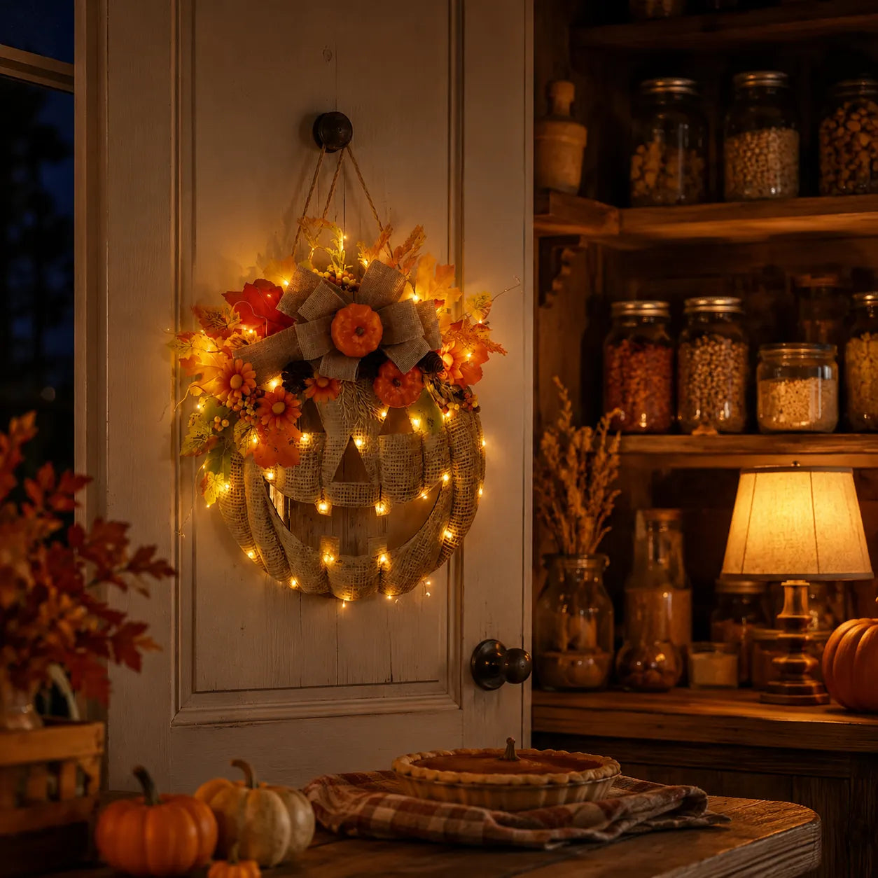 Lighted Burlap Pumpkin Wreath 🎃✨ Cozy Fall Door Decor with Warm LED String Lights