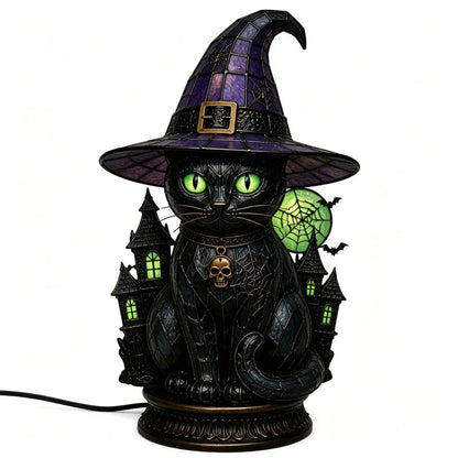 Gothic Stained Glass Witch Black Cat Table Lamp | Halloween Witch Hat Night Light Decor