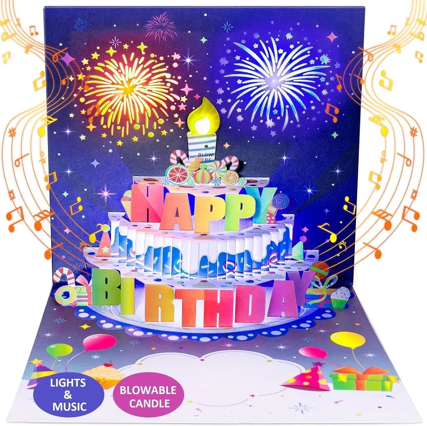 💥🏆HOT SALE🔥🎂Birthday Cards With Fireworks & Pop Up Cake & Blowable Light and Music
