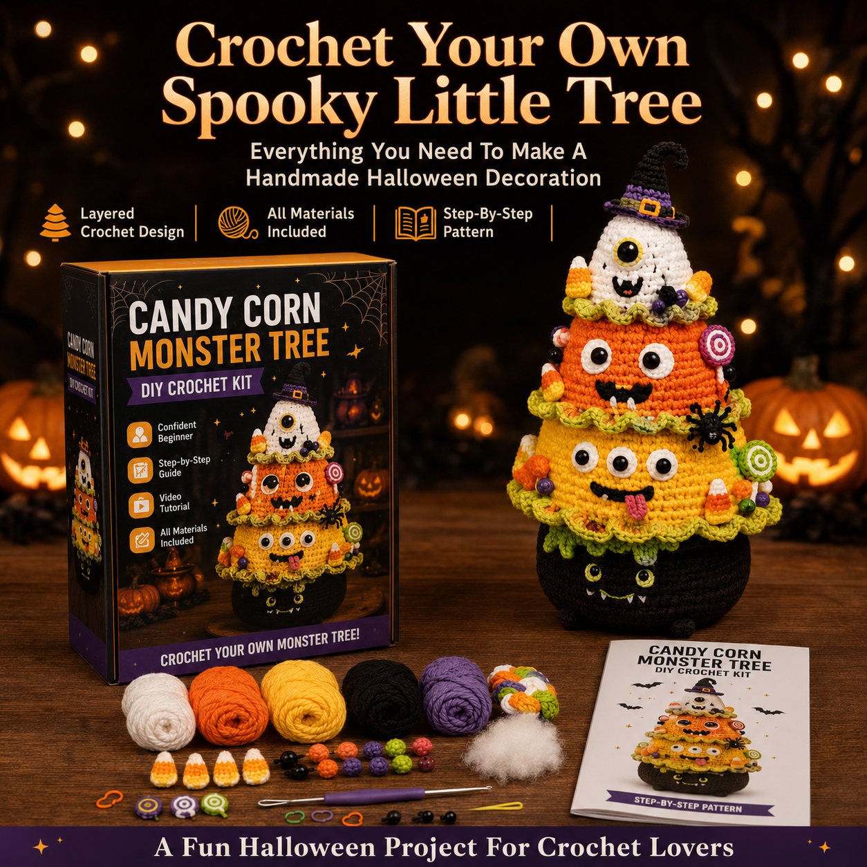 🎃Halloween Tree DIY Crochet Kit | All-In-One Kit for a Layered 7-Inch Spooky Tabletop Decoration 🧶👻✨