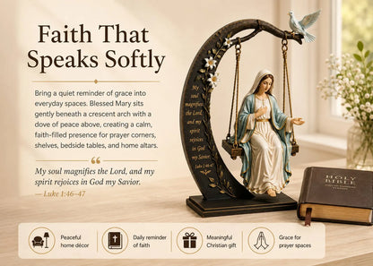 ✝️ Blessed Mary Cradle Swing Ornament – Luke 1:46–47 Faith Table Decor | Holy Virgin Prayer Sculpture with Dove & Crescent Arch Home Decoration