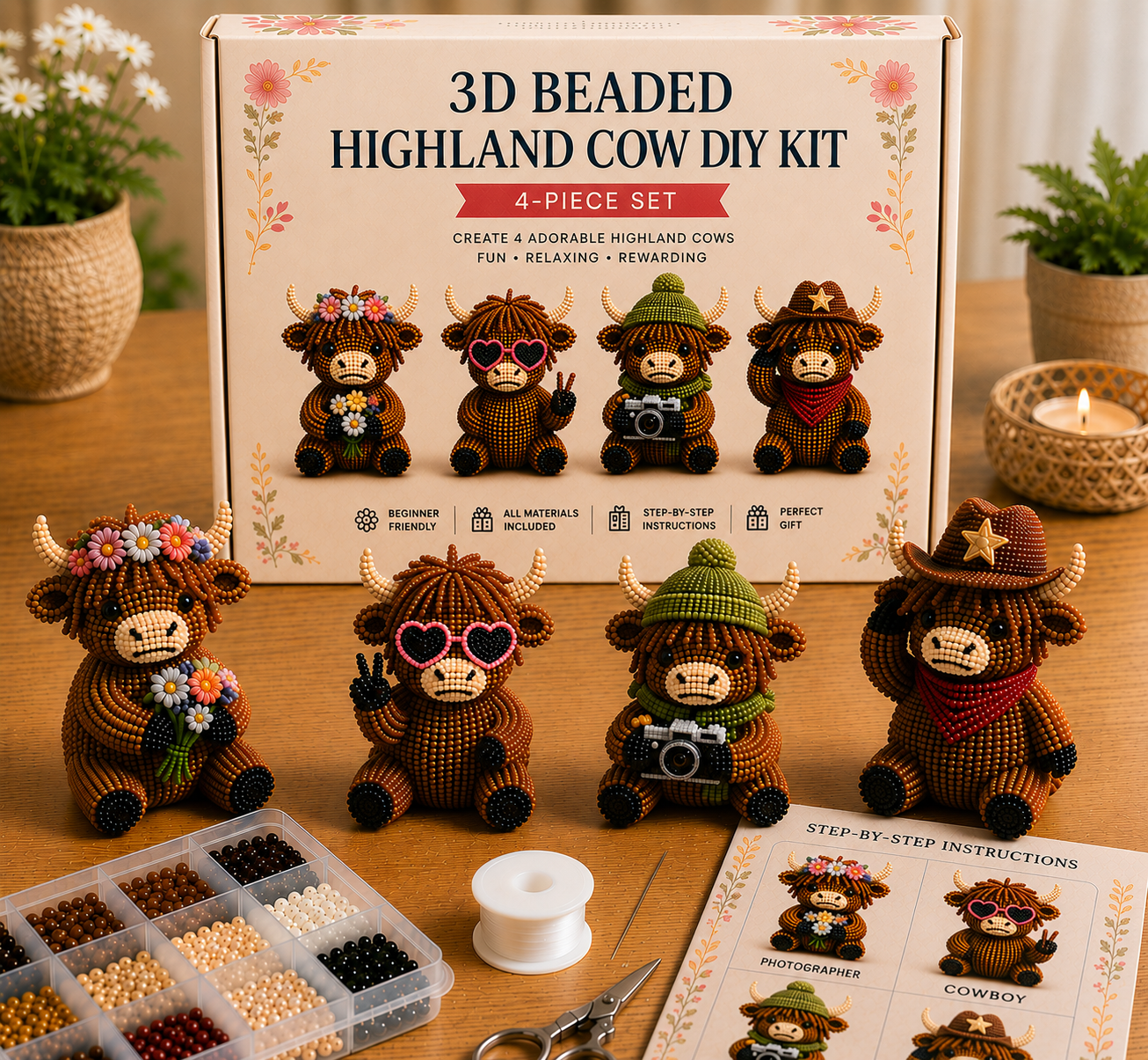 3D Highland Cow DIY Bead Kit – 8 Adorable Handmade Cow Designs Craft Set