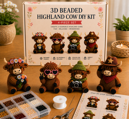 3D Highland Cow DIY Bead Kit – 8 Adorable Handmade Cow Designs Craft Set