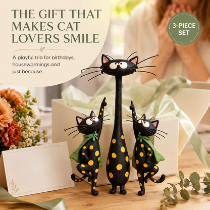 The Curious Cat Trio – Whimsical Black Cat Figurine Set