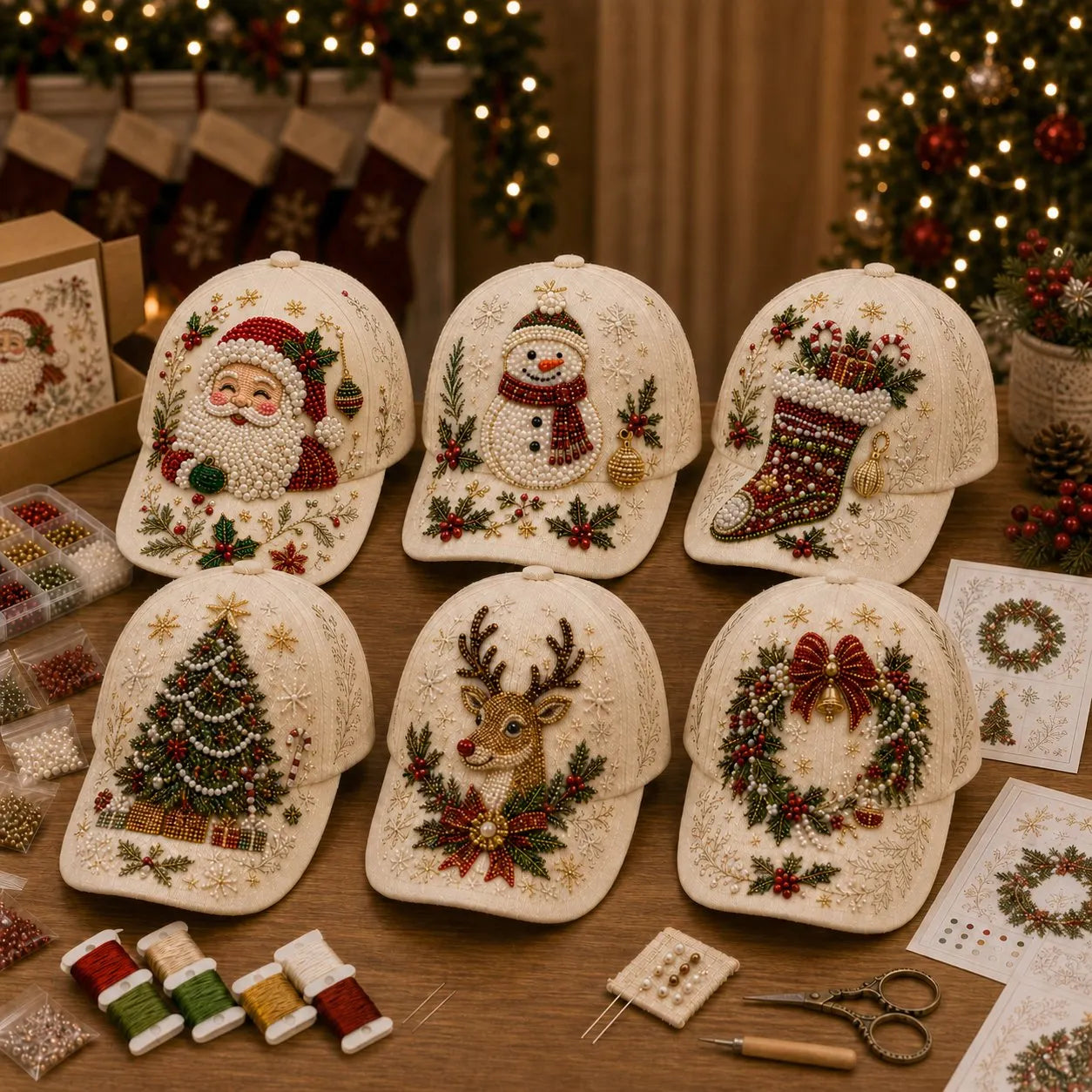 🎄🧢 Premium Christmas Beaded Hat DIY Kit | Luxury Flocked Canvas with Scratch-Resistant Non-Fading Pearl Beads DIY Handmade Holiday Cap Decor 🎅🪡✨
