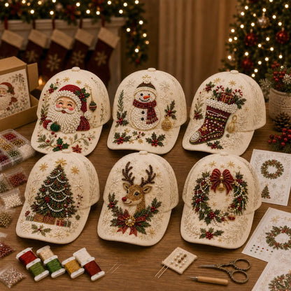 🎄🧢 Premium Christmas Beaded Hat DIY Kit | Luxury Flocked Canvas with Scratch-Resistant Non-Fading Pearl Beads DIY Handmade Holiday Cap Decor 🎅🪡✨