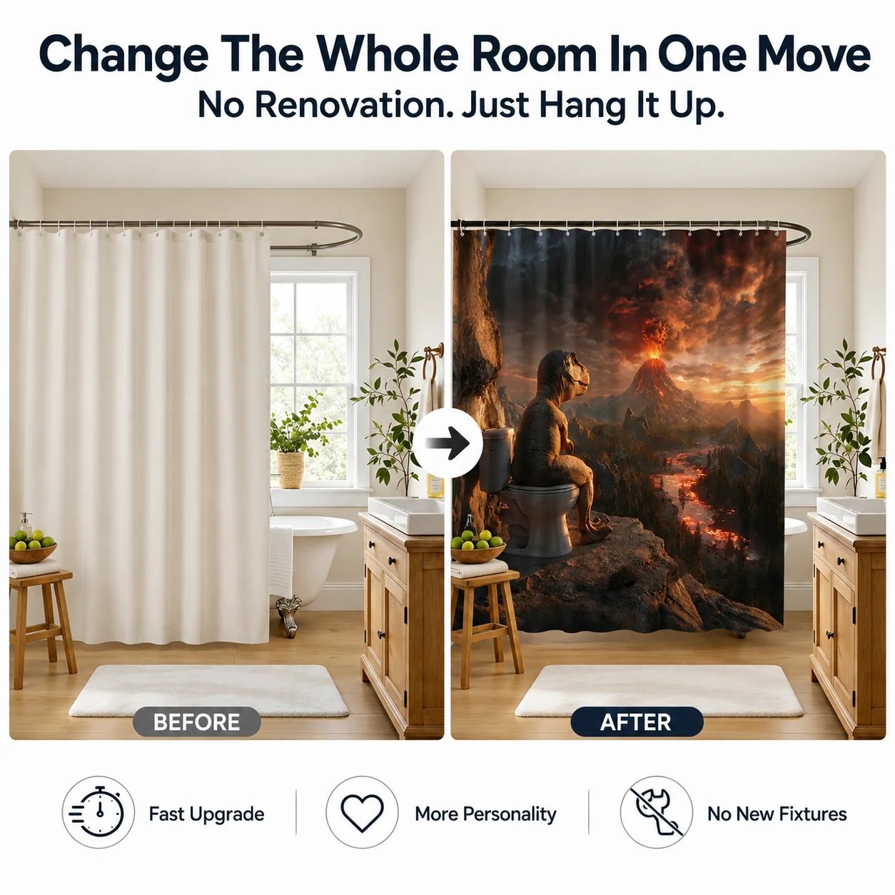 🦖🚽Fun Dinosaur Volcano Bathroom Shower Curtain🤣(📦Buy 2 Free Shipping)