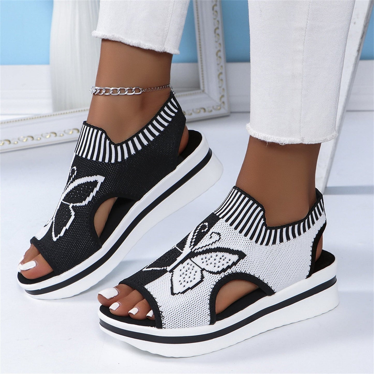 Norvail Woven Butterfly Cutout Toe Sandals ,Casual Breathable Butterfly Slip On Platform Sneaker Sandals, Thick Sole Peep Toe Summer Walking Casual Beach Sandals, Vacation Shoes for Women Summer