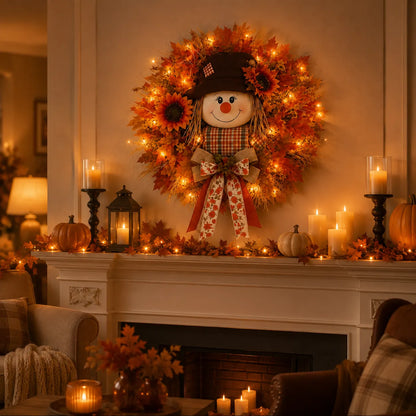 🍂🌻 Lighted Scarecrow Fall Wreath for Front Door