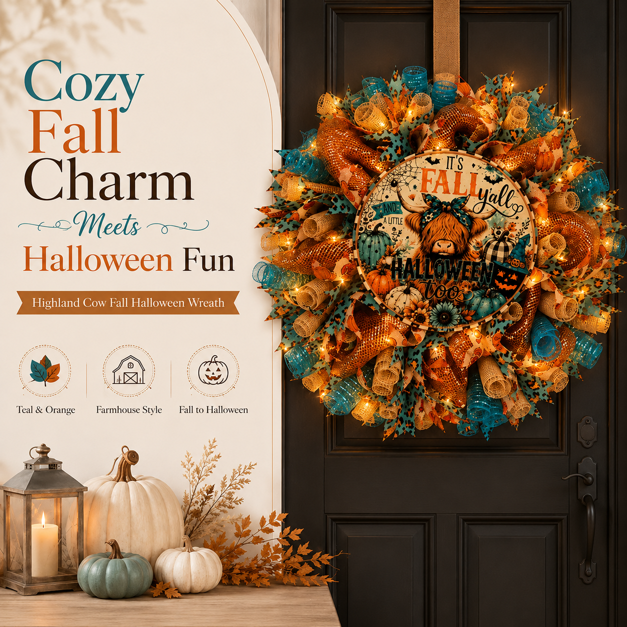 🍂Lighted Highland Cow Fall Halloween Wreath for Front Door