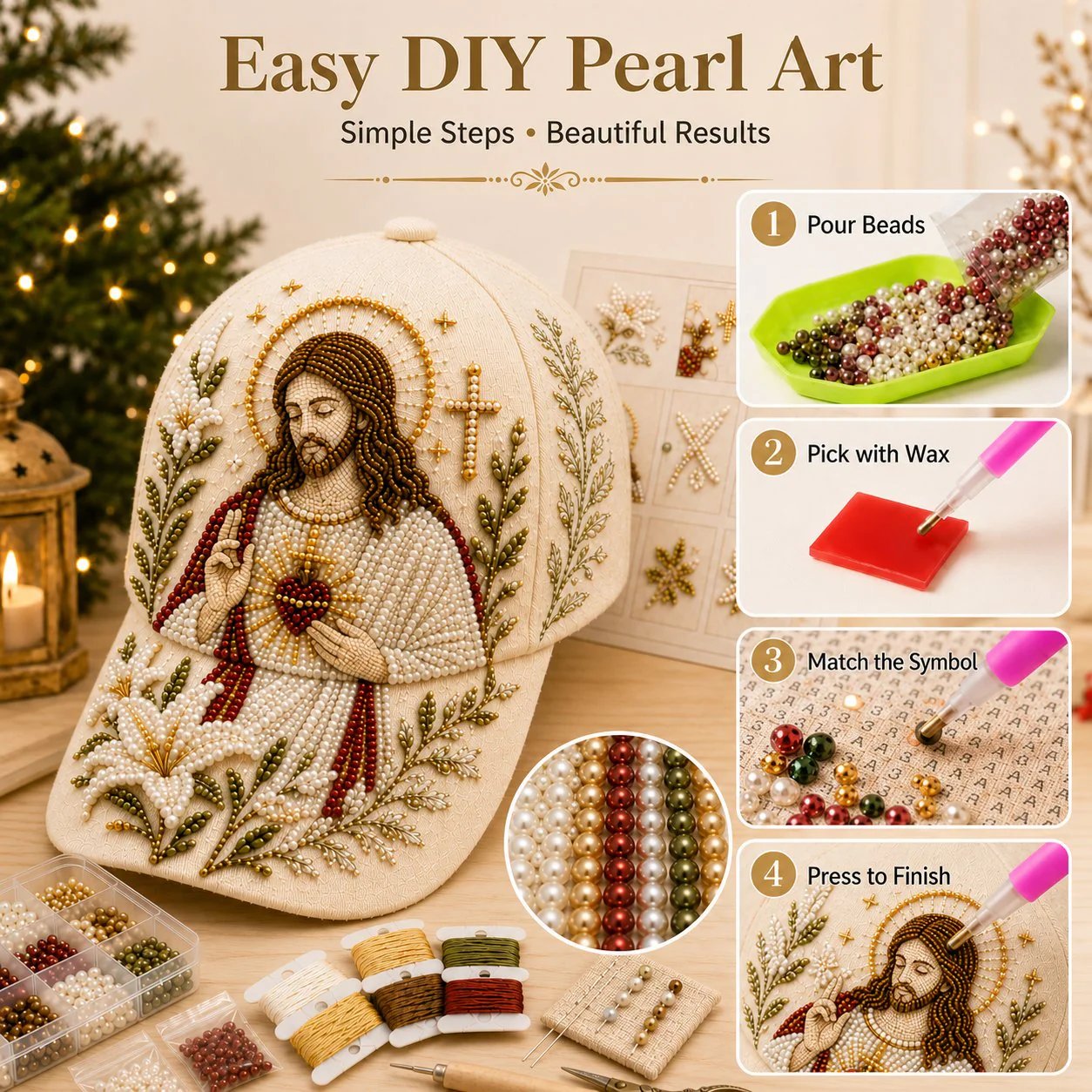 ✝️🧢 Premium Christian Faith Beaded Hat DIY Kit | Luxury Flocked Canvas with Scratch-Resistant Non-Fading Pearl Beads DIY Handmade Devotional Cap Decor 🕊️🪡✨