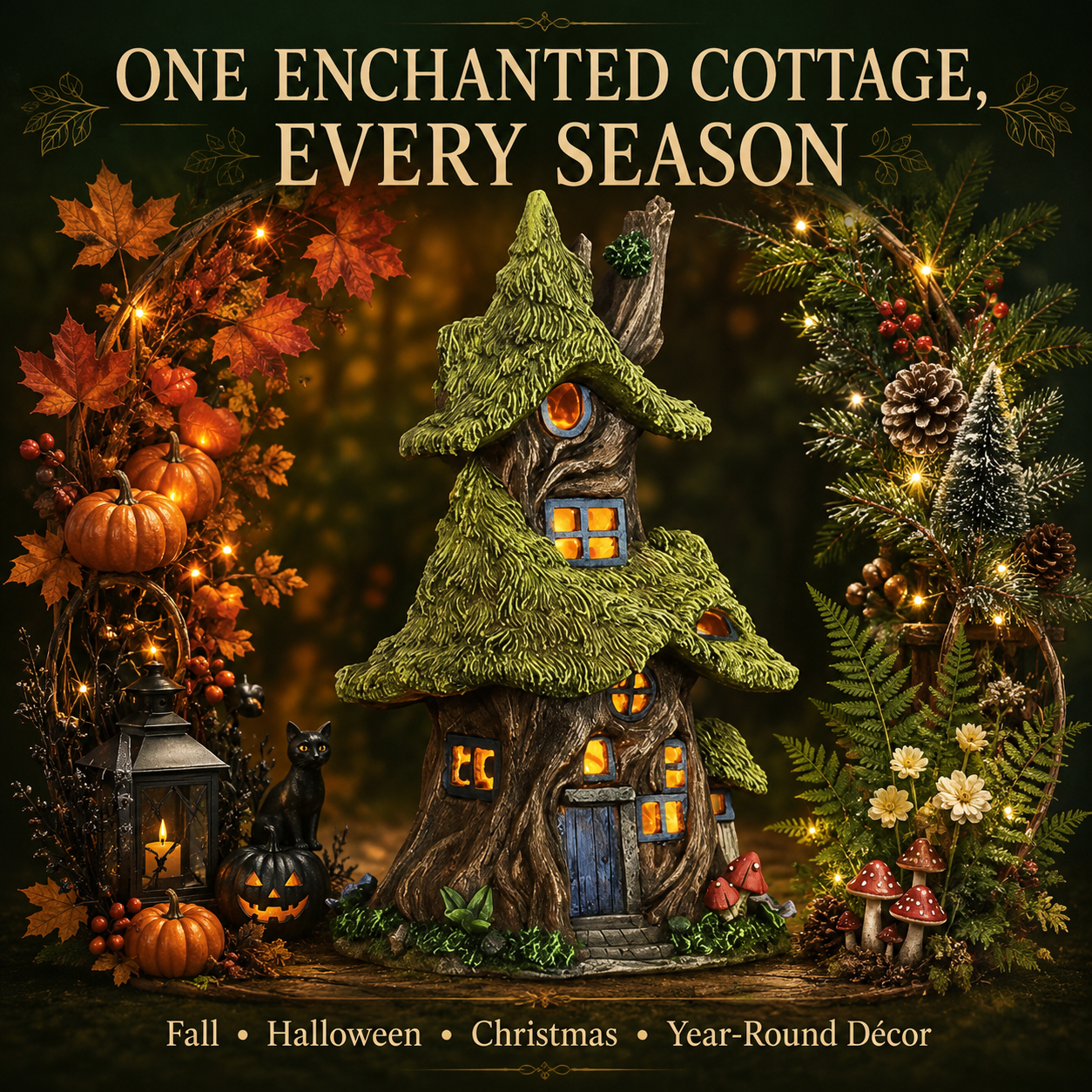 Whimsical Lighted Enchanted Moss Tree House with Timer