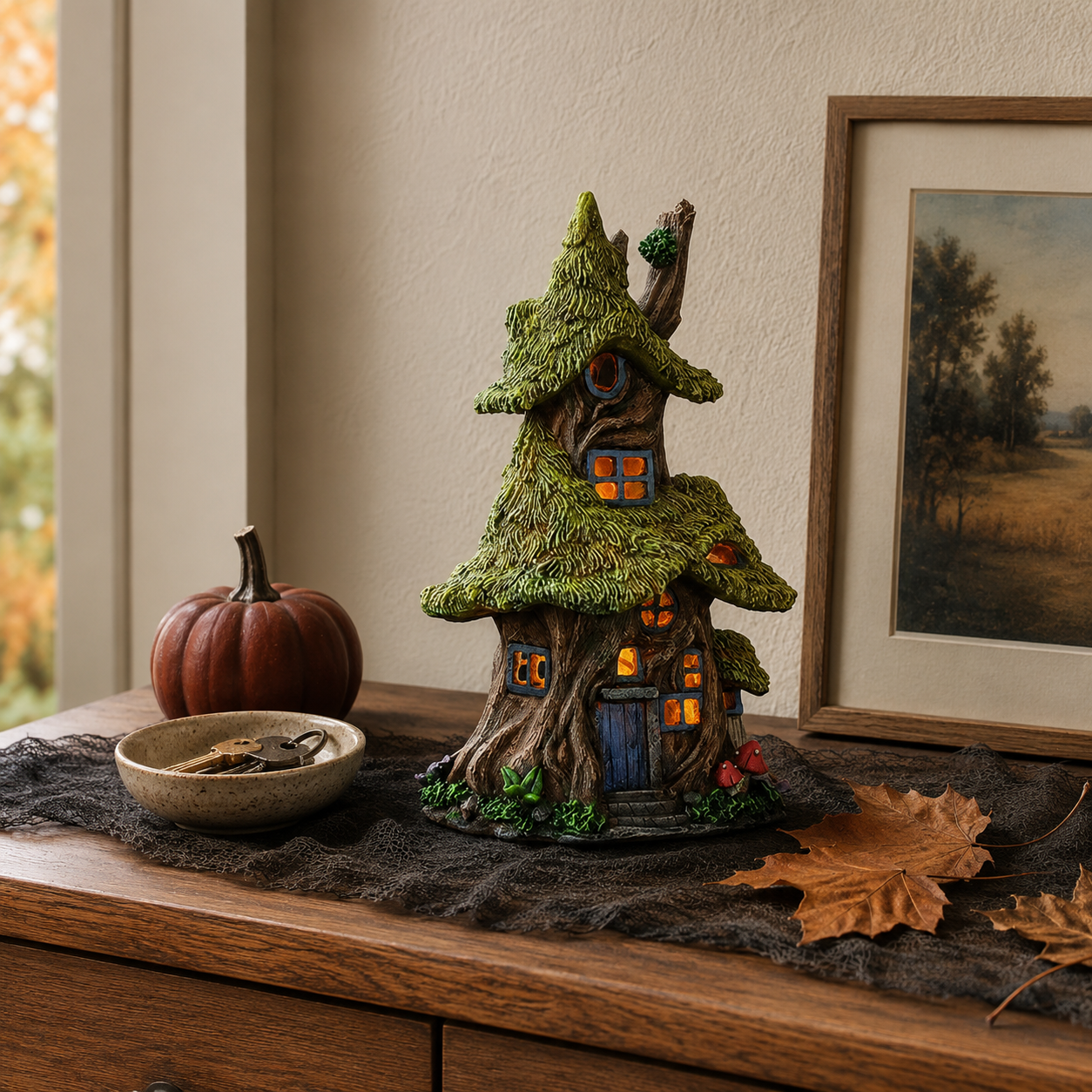 Whimsical Lighted Enchanted Moss Tree House with Timer
