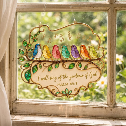 🐦🎶 Psalm 89:1 Songbird Window Suncatcher | Stained-Glass Style Faith Decor with Colorful Birds & Scripture 🕊️✨