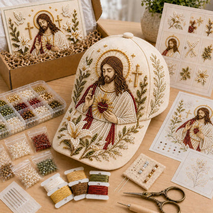 ✝️🧢 Premium Christian Faith Beaded Hat DIY Kit | Luxury Flocked Canvas with Scratch-Resistant Non-Fading Pearl Beads DIY Handmade Devotional Cap Decor 🕊️🪡✨