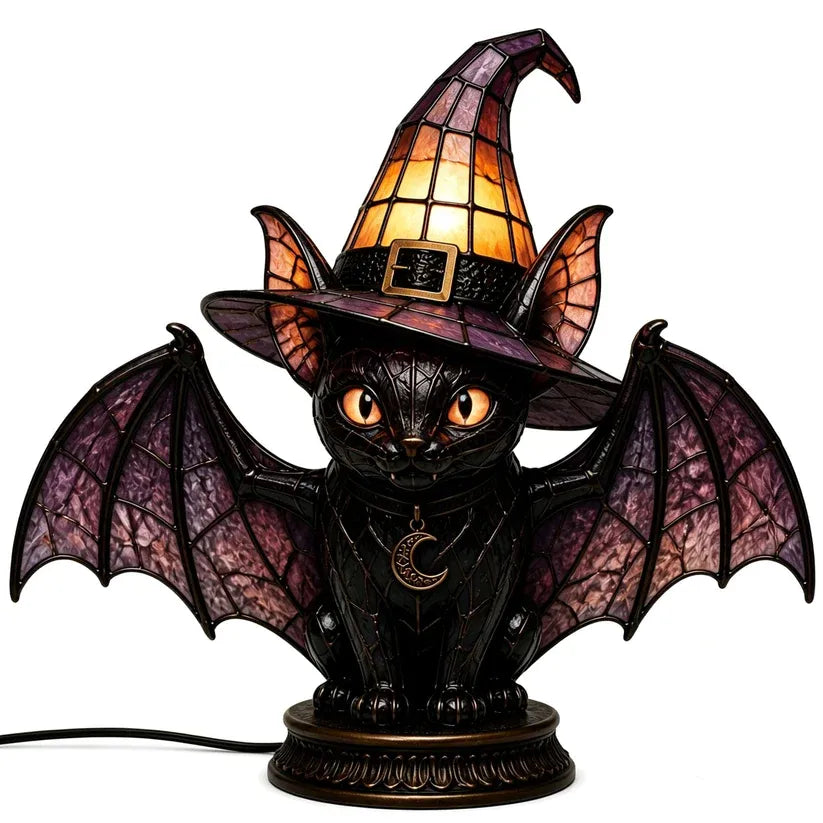 Gothic Stained Glass Witch Black Cat Table Lamp | Halloween Witch Hat Night Light Decor