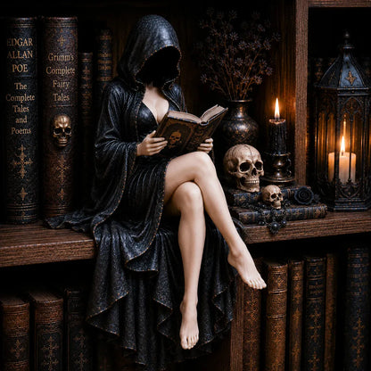 Gothic Hooded Reader Figurine – Dark Academia Bookshelf Decor