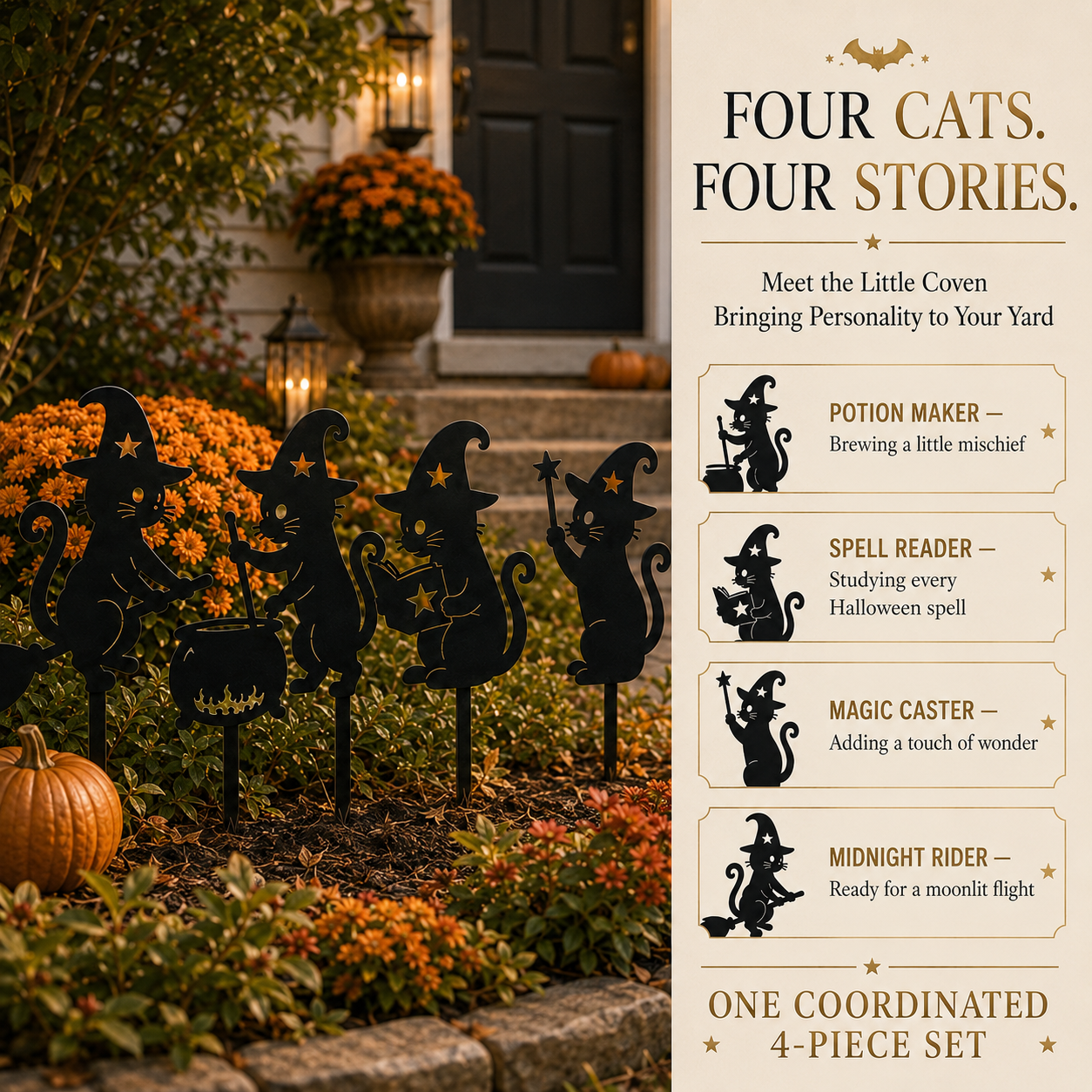 Set of 4 Metal Black Cat Yard Decorations