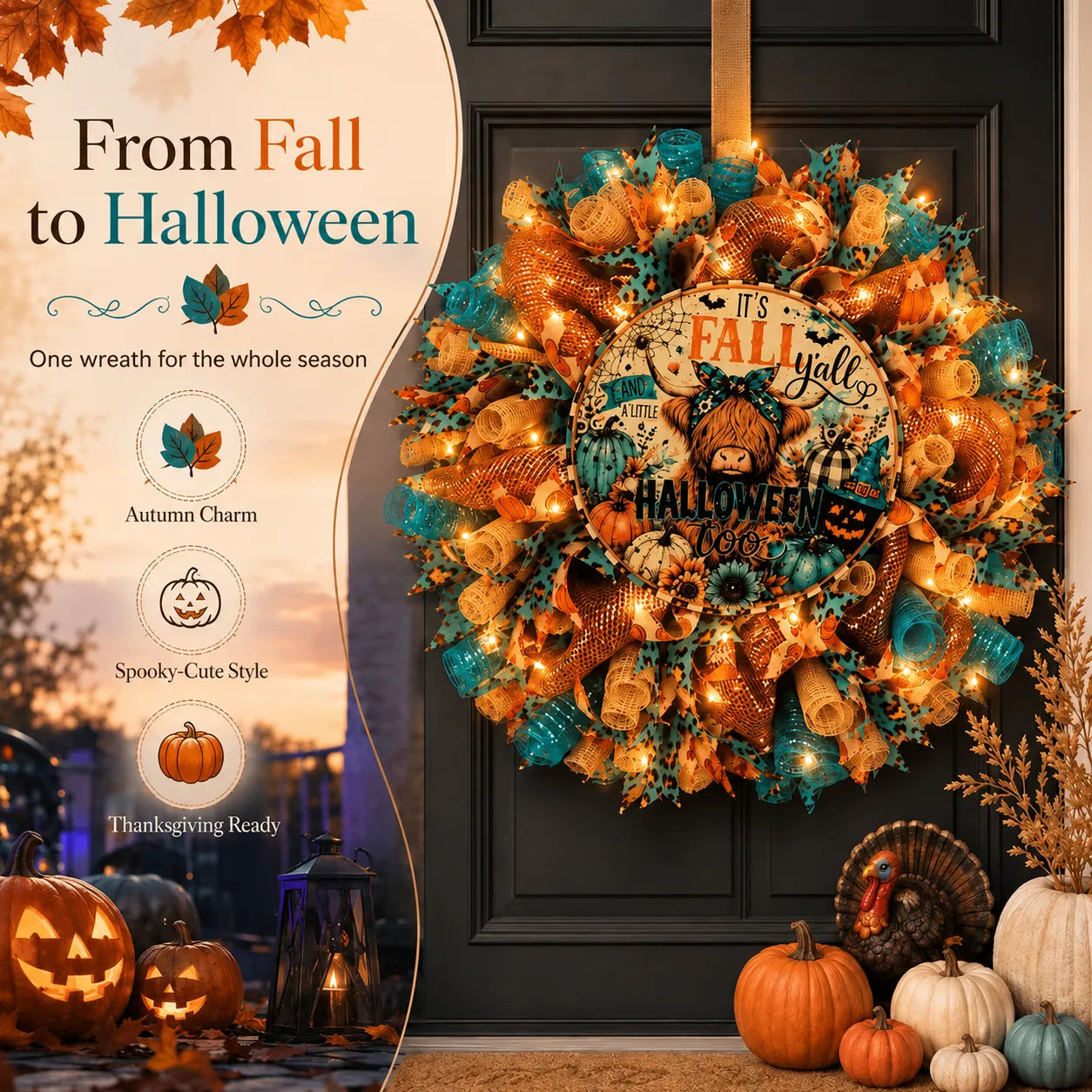🍂Lighted Highland Cow Fall Halloween Wreath for Front Door