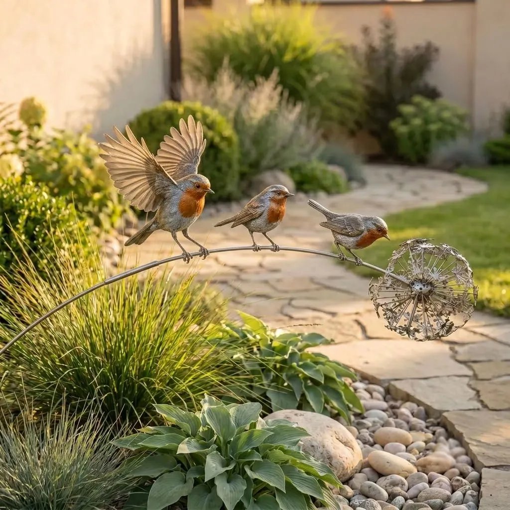 🕊️ Kinetic Robin Garden Stake – Memorial Wind Sculpture for Outdoor Decor