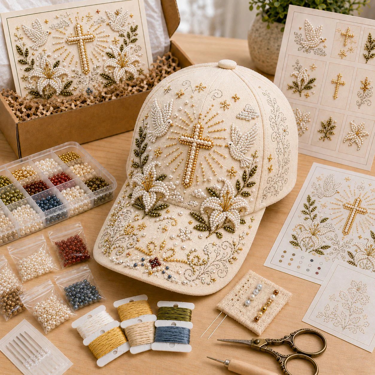 ✝️🧢 Premium Christian Faith Beaded Hat DIY Kit | Luxury Flocked Canvas with Scratch-Resistant Non-Fading Pearl Beads DIY Handmade Devotional Cap Decor 🕊️🪡✨