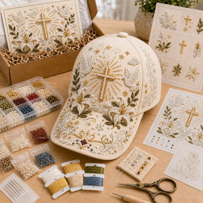 ✝️🧢 Premium Christian Faith Beaded Hat DIY Kit | Luxury Flocked Canvas with Scratch-Resistant Non-Fading Pearl Beads DIY Handmade Devotional Cap Decor 🕊️🪡✨