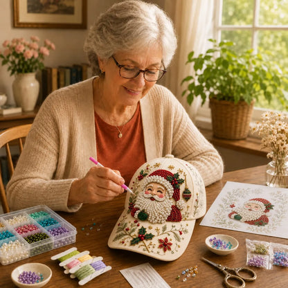 🎄🧢 Premium Christmas Beaded Hat DIY Kit | Luxury Flocked Canvas with Scratch-Resistant Non-Fading Pearl Beads DIY Handmade Holiday Cap Decor 🎅🪡✨