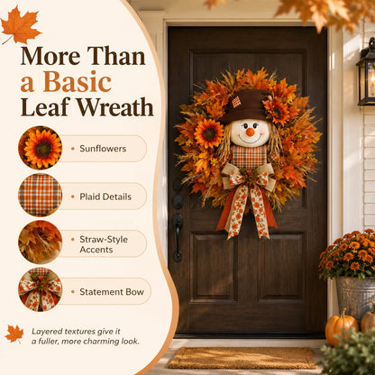 🍂🌻 Lighted Scarecrow Fall Wreath for Front Door